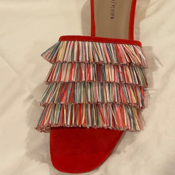 Donald Pliner red suede/multi-color raffia fringe slides size 9.5 - Picture 2 of 4
